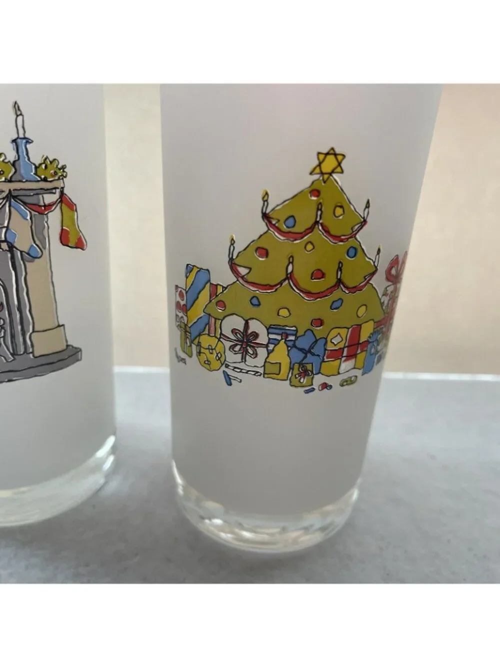 Christmas Frosted Highball Tumblers Window Scene Glasses Set Portugal Vintage